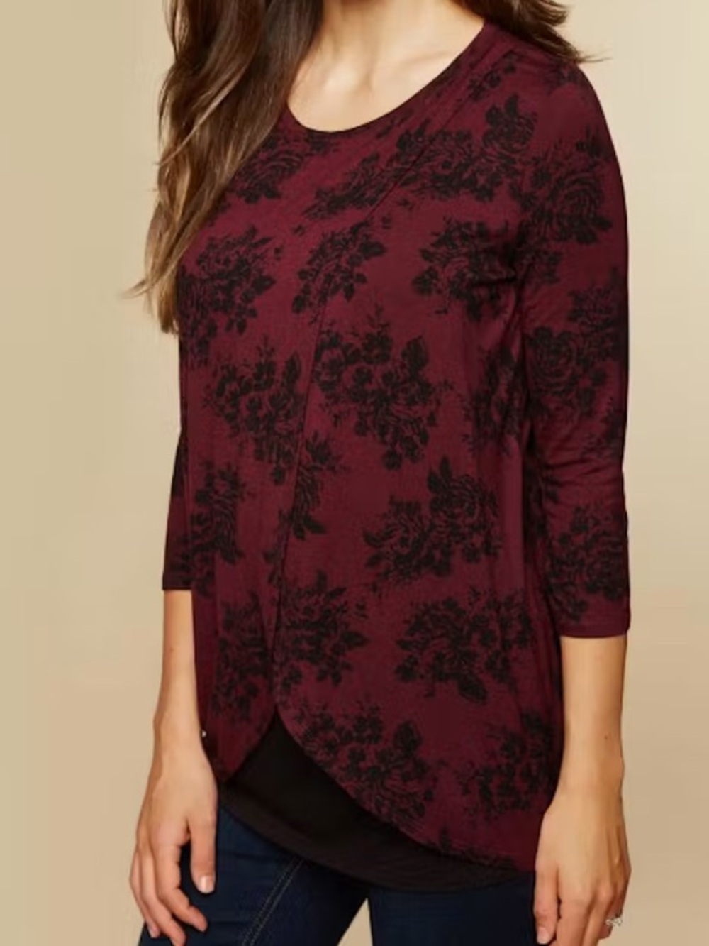 Motherhood Women’s Burgundy and Black Floral Layered Tulip-Hem Long Sleeve Top